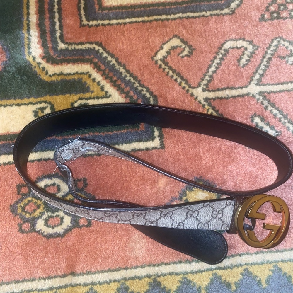 Gucci Monogram Belt with Gold Buckle